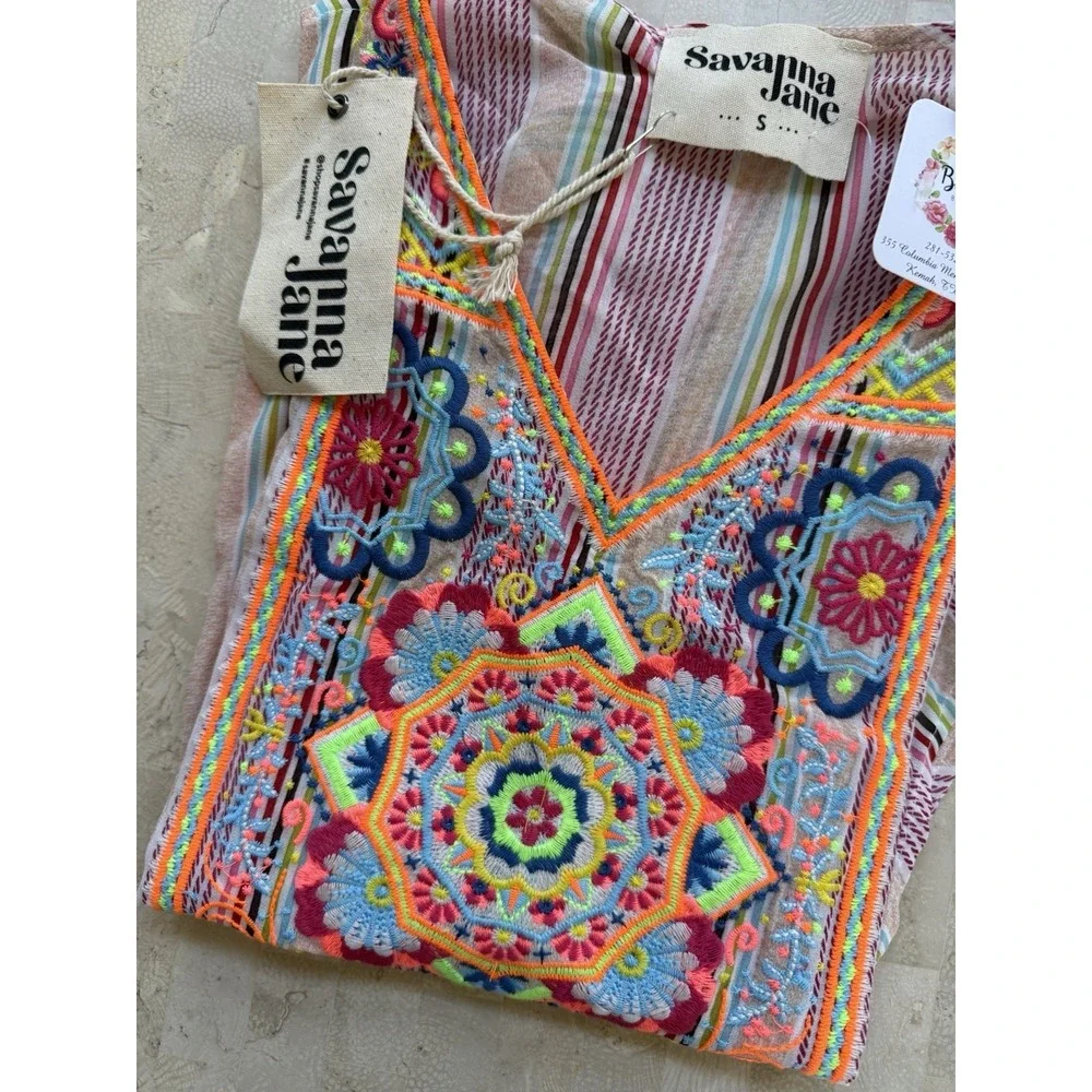 Savanna Jane NWT Stripe Floral Embroidered Flowy Top S Colorful Boho Poncho - Picture 7 of 7